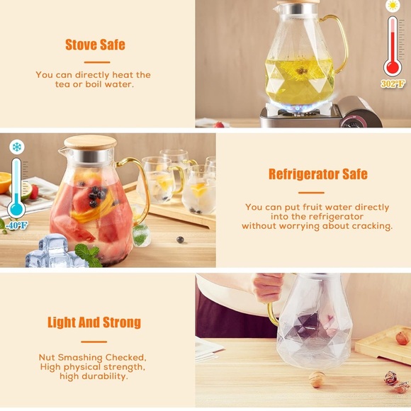 DUJUST Black Smoked Diamond Glass Water Tea Pitcher carafe with Lid 68 oz - Picture 9 of 16